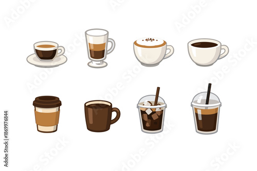 Collection of diverse coffee drinks in various cups and glasses