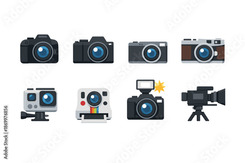 Collection of diverse camera icons, including digital, vintage, and video cameras