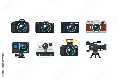 Collection of diverse camera icons representing different photography and videography equipment