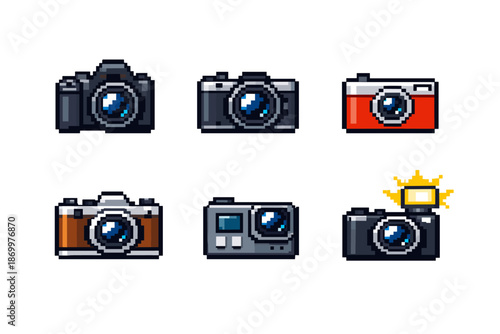 Collection of pixel art cameras in various styles and colors on a white background
