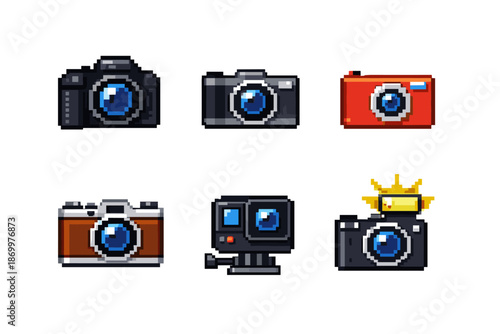 Collection of pixel art cameras including DSLR, vintage, action, and compact models