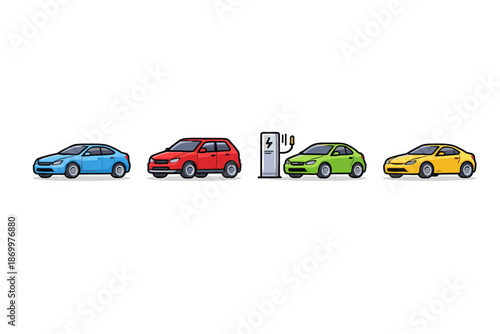 Diverse electric cars lined up, one charging at a station, symbolizing future mobility