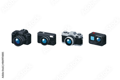 Collection of four distinct camera icons, from DSLR to action cam
