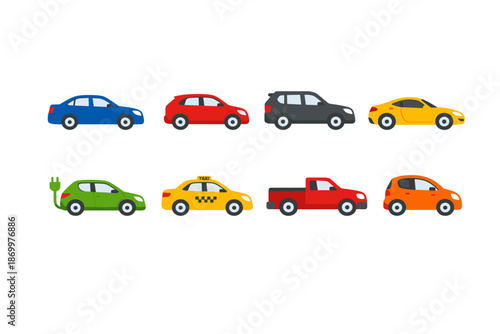 Collection of diverse car icons in various colors and styles on a white background