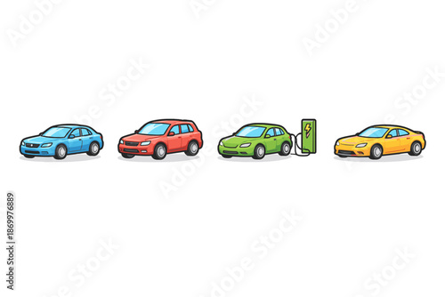 Diverse electric cars lined up, one charging at a station, symbolizing future mobility