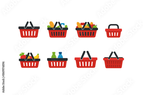 Collection of eight red shopping baskets with handles, some filled with groceries