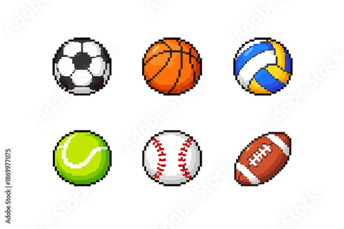 Pixel art collection of popular sports balls on a white background