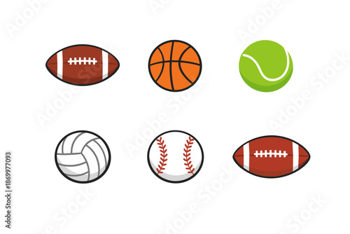Collection of six different sports balls on a white background