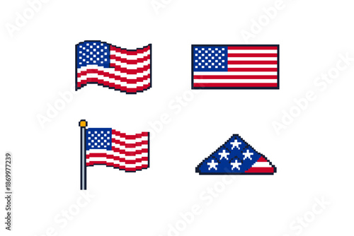 Pixel art collection of American flags in various styles and orientations