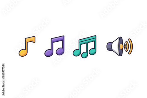 Colorful musical notes and speaker icon set on a white background