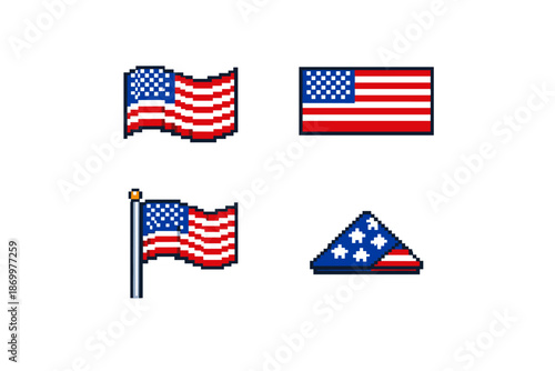 Pixel art collection of American flags in various styles and orientations
