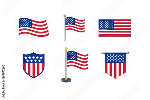 Collection of American Flag Icons and Symbols in Various Styles