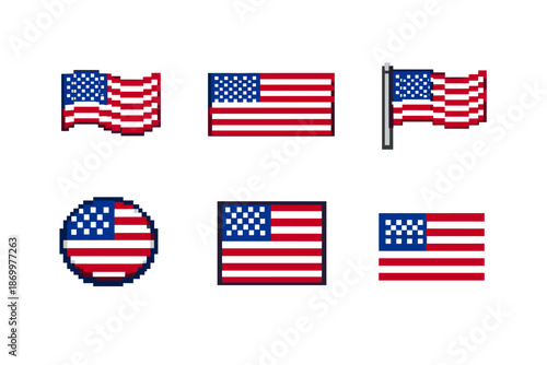 Collection of pixel art American flags in various styles and orientations