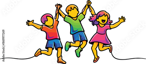 three happy children jumping and holding hands together