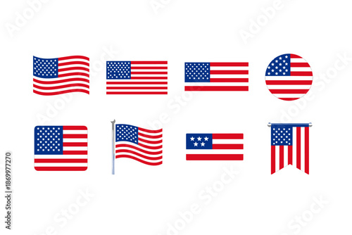Collection of American flag icons in various styles and orientations for patriotic themes