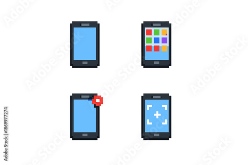 Pixel art mobile phone icons showing different app screens and notifications