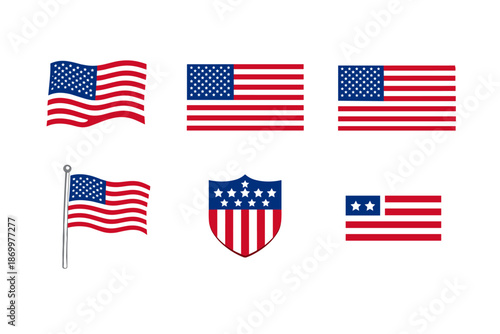 Collection of American flag illustrations in various historical and modern designs