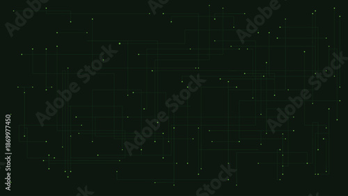 Intricate green digital circuit board pattern with glowing nodes and connecting pathways on a dark screen