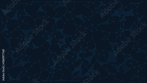 Interconnected digital network of glowing blue dots and lines on a dark blue technological surface