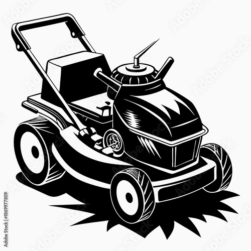Black and white illustration of a lawn mower gardening equipment landscaping tool yard work machine