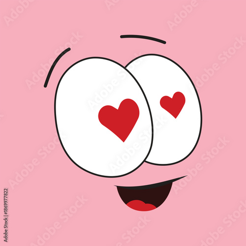 Funny character emoji with wide eyes, red hearts inside pupils