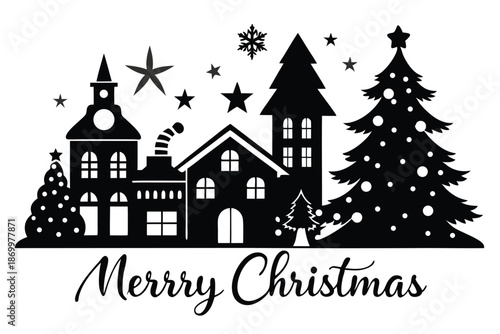 Merry Christmas Village Silhouette with Snowy Houses and Pine Trees, Winter Holiday Vector Illustration