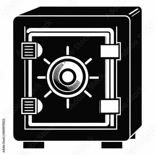 Black and white illustration of a sturdy steel safe box security protection banking finance