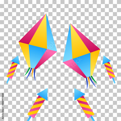 Colorful Festa Junina decorations with geometric paper lanterns and rockets on a transparent background.