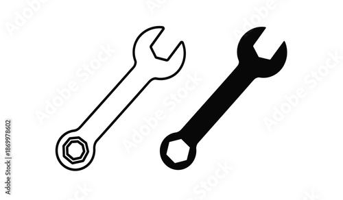 Two wrenches icon set with black and white colors for tools and equipment