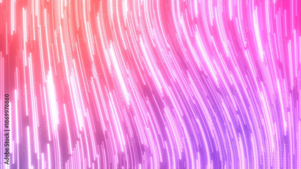 Fototapeta premium Abstract purple multi-colored glowing flying lines stripes of luminous dots and energy particles abstract disco background