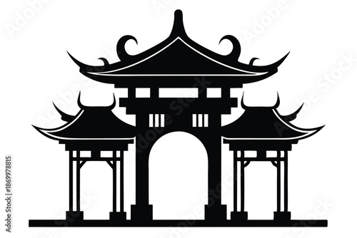 Black and White Chinese Gate Silhouette, Detailed Vector Graphic of an Oriental Architectural Landmark