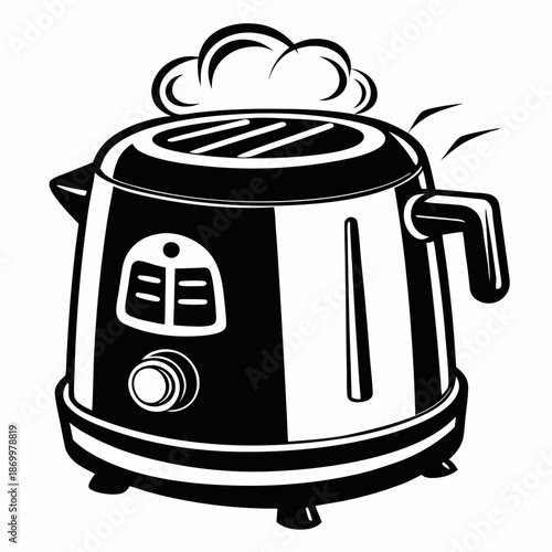 Black and white illustration deep fryer kitchen appliance cooking food hot steam