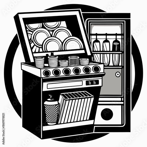 Black and white illustration kitchen appliances dishes cups storage