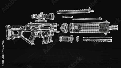 Advanced Tactical Weapon Disassembled in Intricate Wireframe Schematic. Futuristic Engineering Concept Design for Military Technology and Security