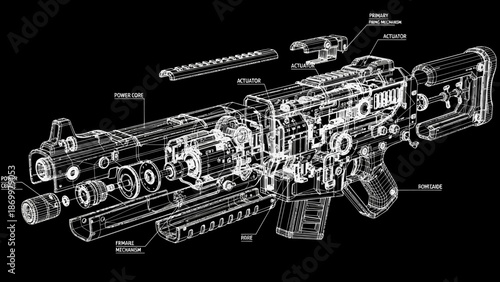 Exploded view schematic of a modern tactical rifle with detailed internal components