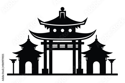 Asian Temple Gate Silhouette, Traditional Chinese Archway Vector Illustration for Travel Concepts