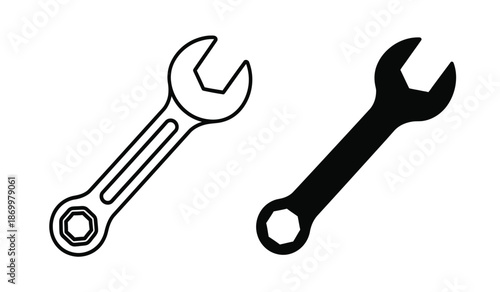 Two wrenches icon set with one line and one solid wrench on for repair and tools concepts