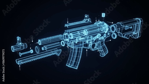 Holographic Exploded View of a Modern Assault Rifle Blueprint, Displaying Advanced Weaponry Components in a Futuristic Digital Design