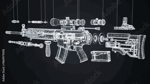 Disassembled rifle with multiple components displayed in a blueprint style on a dark background