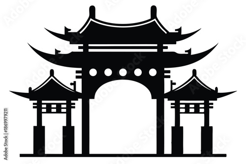 Ornate Chinese Architecture Silhouette, Black and White Gateway Icon for Asian Celebration Designs