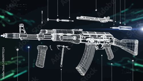 Detailed Blueprint of a Tactical Firearm with Exploded View Components