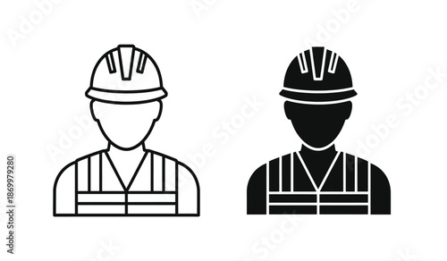 Two construction workers wearing hard hats and reflective vests in line art style