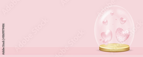 A banner with 3D hearts under a glass dome. Vector illustration on the theme of love. A template for a postcard, sale announcement, product demo, social media, etc.