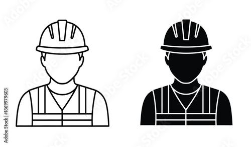 Construction workers in hard hats and vests in black and white line art