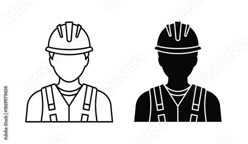 Two construction workers wearing hard hats and vests in line art style