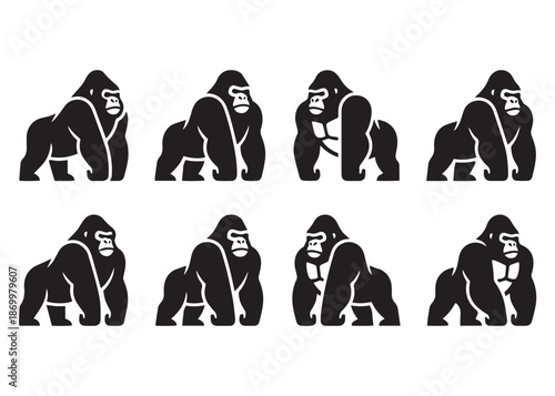 Majestic gorilla in various poses capturing strength and intensity conveying primate mammal animal wildlife standing black on white