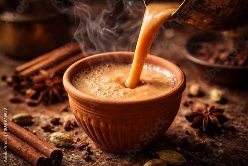 hot masala chai pouring into a clay cup