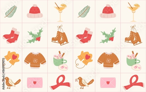 Winter cute seamless pattern. Modern mosaic background with hand-drawn holiday elements, glasses, socks, clothes, glass, gift, skates, heart, letter. art illustration