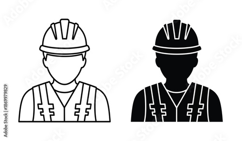 Two construction workers wearing hard hats and safety vests in black and white