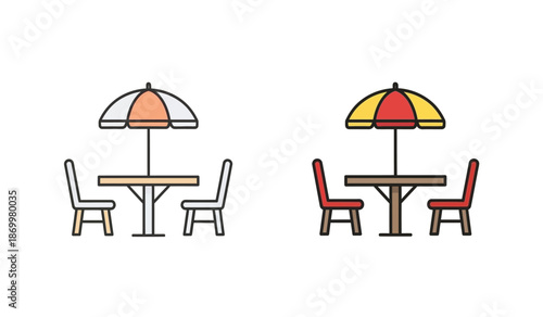 Vector illustration of outdoor tables and chairs with colorful umbrellas